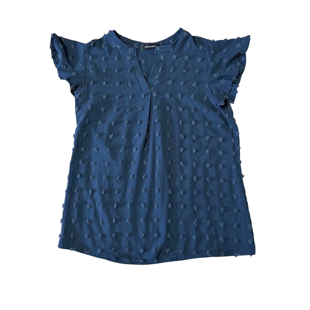 Merokeety Navy Blue Swiss Dot‎ Flutter Sleeve V-Neck Blouse Top Large